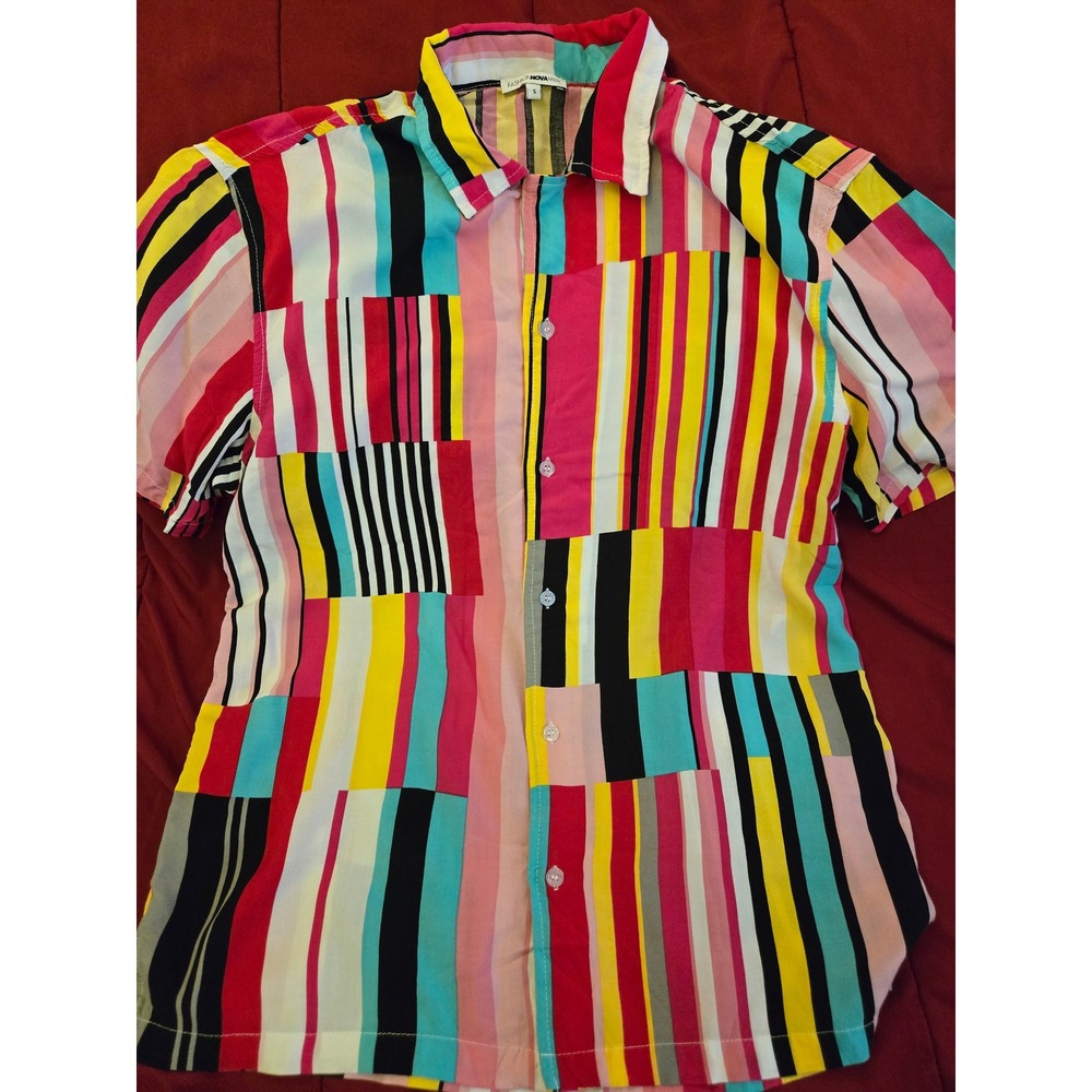 Fashion Nova Men's S Multi Color Block Striped Button-Up Shirt